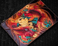 Handmade Leather Tibet Scriptures Tooled Wristlet Bags iPad Bag Mens Cool Leather Clutch for Men