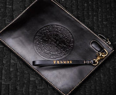 Handmade Leather Tibet Scriptures Tooled Wristlet Bags iPad Bag Mens Cool Leather Clutch for Men