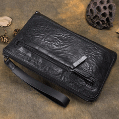 Handmade Cool Leather Mens Black Long Wallet Wirstlet Bag Black Zipper Clutch Wallet for Men