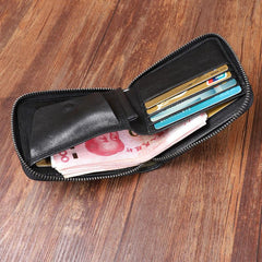 Cool Leather Mens Black Zipper Small billfold Wallet Leather Wallet Bifold billfold Wallets for Men
