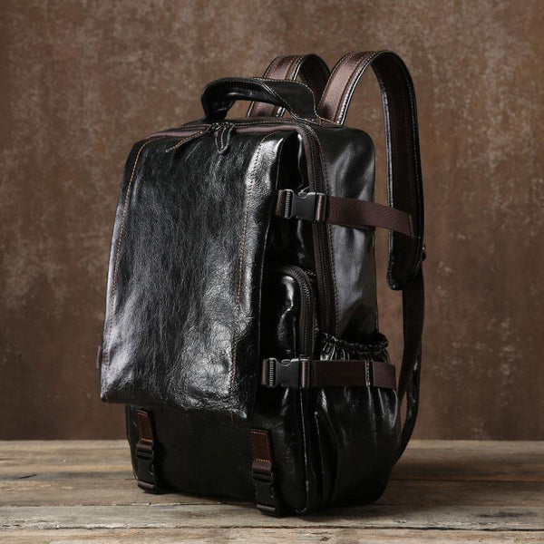 Handmade Leather Mens Cool Black Backpack Large Travel Bag Hiking Bag for Men