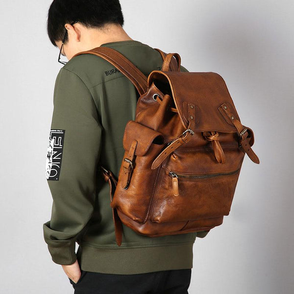 Handmade Leather Mens Cool Vintage Black Brown Backpack Large Travel Bag Hiking Bag for Men