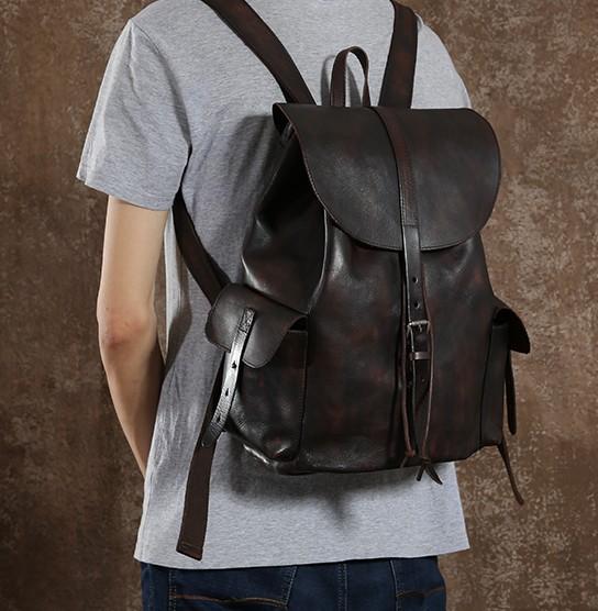 Handmade Leather Mens Cool Vintage Coffee Black Backpack Large Travel Bag Hiking Bag for Men