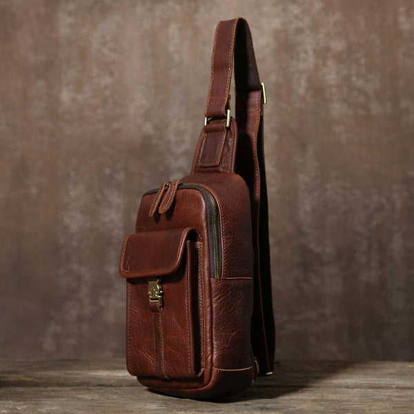 Handmade Leather Mens Cool Chest Bag Sling Bag Crossbody Bag Hiking Bag for men
