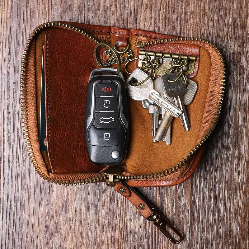 Black Leather Mens Small Car Key Wallets Brown Key Holder Car Key Pouc