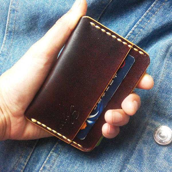 Handmade Leather Mens Slim Front Pocket Wallets Leather Card Wallet for Men