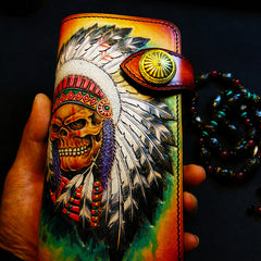 Handmade Leather Skull Indian Mens Chain Wallet Biker Wallet Cool Leather Wallet Long Tooled Wallets for Men