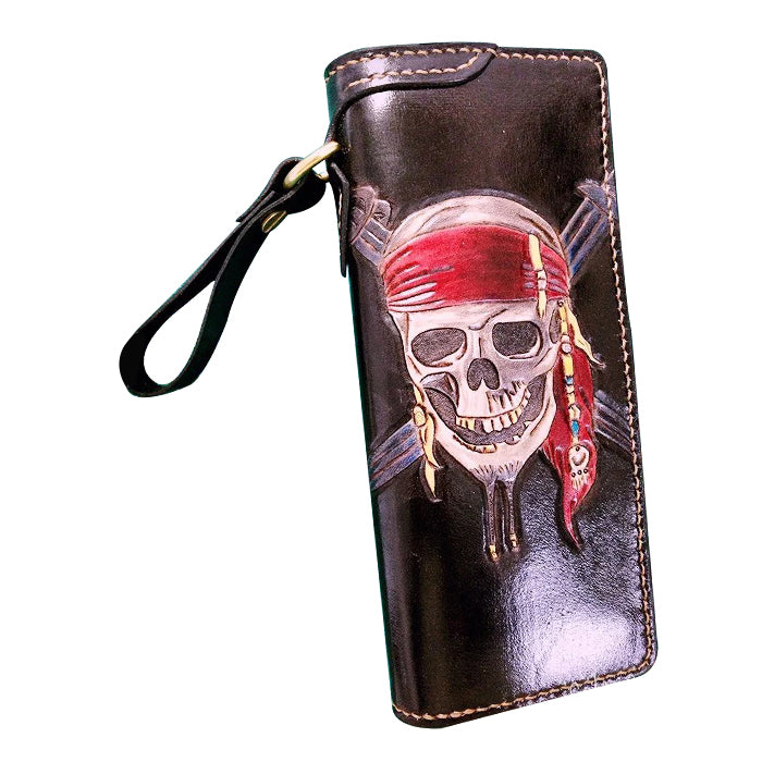 Handmade Leather Skull Pirate Mens Chain Wallet Biker Wallet Cool Leather Wallet Long Tooled Wallets for Men