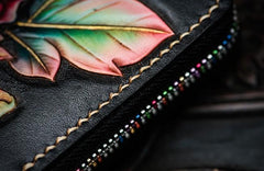Handmade Leather Tooled Black Peony Cool Leather Wallet Zipper Long Phone Clutch Wallets for Women
