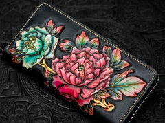 Handmade Leather Tooled Black Peony Cool Leather Wallet Zipper Long Phone Clutch Wallets for Women