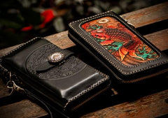 Handmade Leather Tooled Carp Chain Wallet Mens Biker Wallet Cool Leather Wallet Long Phone Wallets for Men