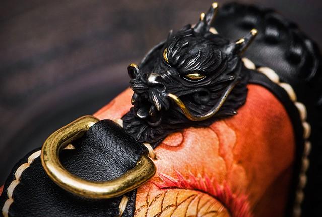 Handmade Leather Chinese Lion Mens Chain Biker Wallet Cool Leather Wallet with Chain Wallets for Men