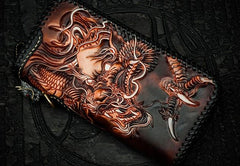 Cool Leather Tooled Chinese Dragon Chain Wallet Mens Biker Wallet Leather Wallet Long Phone Wallets for Men