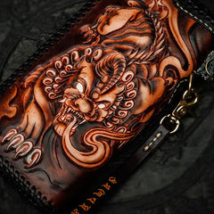 Cool Leather Tooled Chinese Dragon Chain Wallet Mens Biker Wallet Leather Wallet Long Phone Wallets for Men