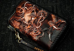Cool Leather Tooled Chinese Dragon Chain Wallet Mens Biker Wallet Leather Wallet Long Phone Wallets for Men