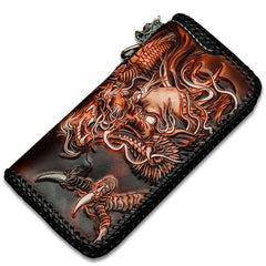 Cool Leather Tooled Chinese Dragon Chain Wallet Mens Biker Wallet Leather Wallet Long Phone Wallets for Men