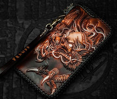 Cool Leather Tooled Chinese Dragon Chain Wallet Mens Biker Wallet Leather Wallet Long Phone Wallets for Men