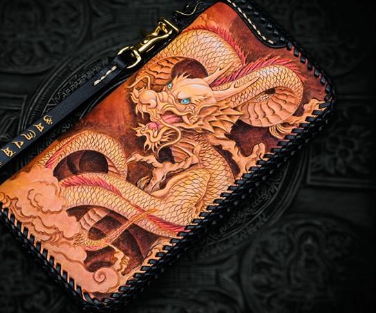 Handmade Leather Tooled Long Chinese Dragon Mens Chain Biker Wallet Co