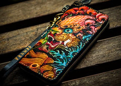 Handmade Leather Tooled Chinese Lion Black Mens Chain Biker Wallet Cool Leather Wallet Long Clutch Wallets for Men