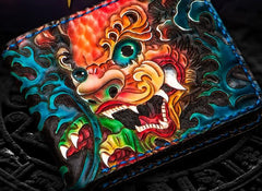 Handmade Leather Tooled Chinese Lion Mens billfold Wallet Cool Slim Wallet for Men