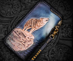 Handmade Leather Tooled Wolf Chain Wallet Mens Biker Wallet Cool Leather Wallet Long Phone Wallets for Men