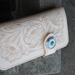 Handmade Mens Tooled Floral Leather Long Chain Wallet Cool Biker Wallet with Chain