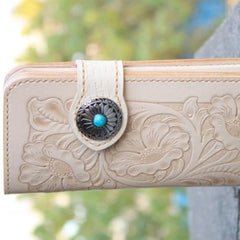 Handmade Mens Tooled Floral Leather Long Chain Wallet Cool Biker Wallet with Chain