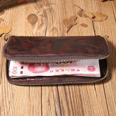 Handmade Leather Mens Long Chain Wallet Bifold Biker Wallet Zipper Clutch Wallet for Men