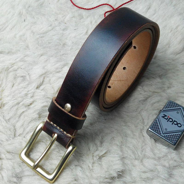 Handmade Vintage Red Brown Leather Mens Belt Leather Belt for Men