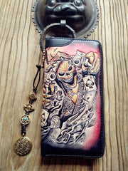 Handmade Leather Mens Clutch Wallet Cool Skull Ghost Rider Tooled Chain Wallet Biker Wallets for Men