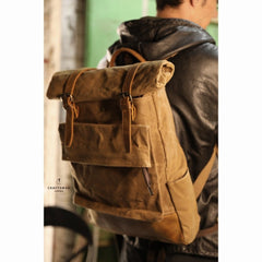 Khaki Oiled Wax Canvas Mens Rollup Backpack Travel Backpack Hiking Backpack Outdoor Backpack For Men
