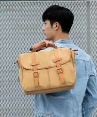 Khaki Canvas Leather Mens Casual Briefcase Shoulder Bag Messenger Bags Casual Courier Bags for Men