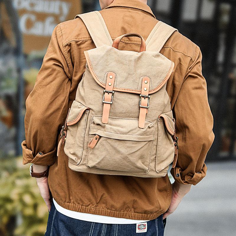 avenue a vintage travel canvas backpacks Khaki Retro Canvas Mens Womens Travel Backpack College Backpack Green – iChainWallets