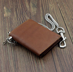Badass Brown Leather Men's Trifold Small Biker Wallet Chain Wallet Wallet with chain For Men
