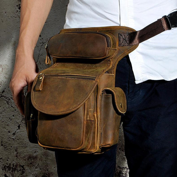 LEATHER DROP LEG BAG BELT POUCH MENS WAIST BAG SHOULDER BAG FOR MEN