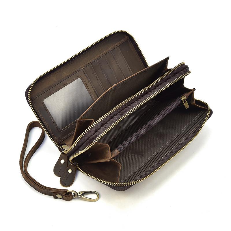 Coffee Vintage LEATHER MENS Wristlet Wallet Double Zipper Clutch FOR MEN