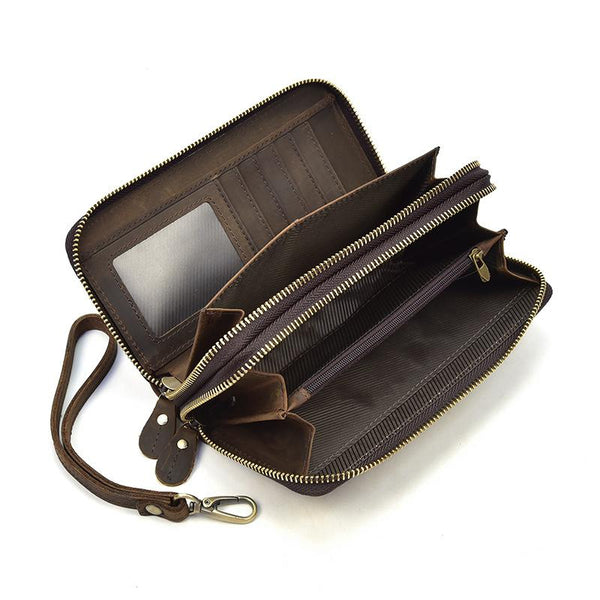 Coffee Vintage LEATHER MENS Wristlet Wallet Double Zipper Clutch FOR MEN