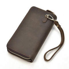 Coffee Vintage LEATHER MENS Wristlet Wallet Double Zipper Clutch FOR MEN