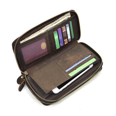 Coffee Vintage LEATHER MENS Wristlet Wallet Double Zipper Clutch FOR MEN
