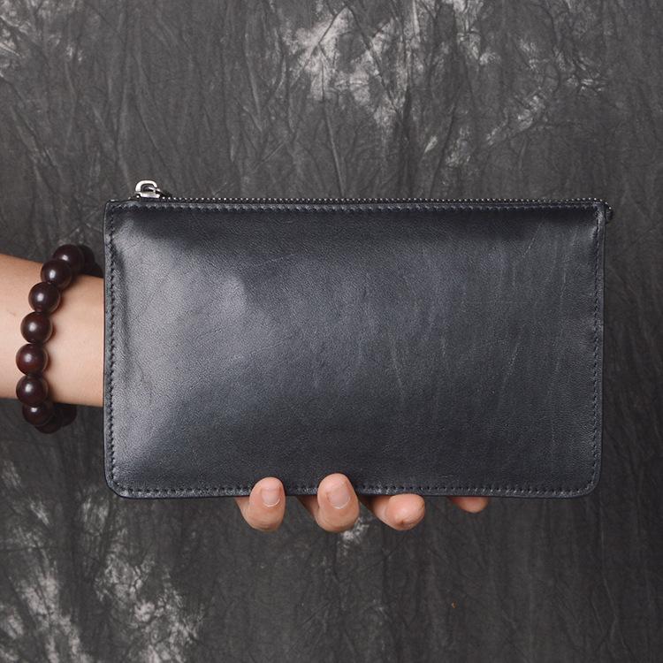 Black LEATHER MENS Wristlet Wallet Zipper Black Clutch Bag FOR MEN