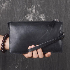 Black LEATHER MENS Wristlet Wallet Zipper Black Clutch Bag FOR MEN
