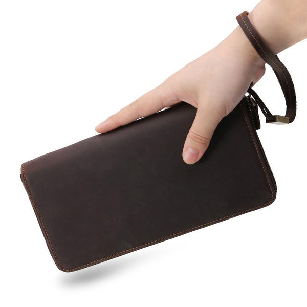 Brown Vintage LEATHER MENS Wristlet Wallet Zipper Clutch Wallet FOR MEN