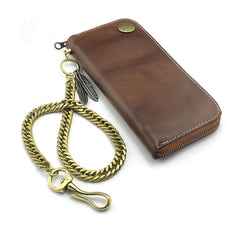 Badass Coffee Leather Men's Long Wallet with Chain Biker Chain Wallet Chain Wallet For Men