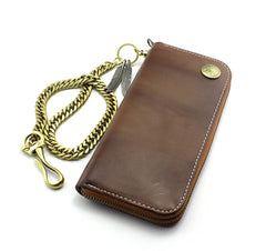 Badass Coffee Leather Men's Long Wallet with Chain Biker Chain Wallet Chain Wallet For Men