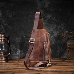 Cool Brown Leather Men's Sling Bag Chest Bag Vintage One Shoulder Backpack For Men