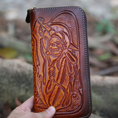 Leather Skull Tooled Mens Handmade Long Wallets Cool Death Zip Leather Wallet Clutch Wallet for Men