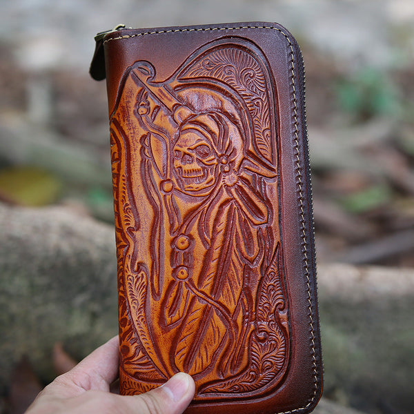 Handmade Long leather wallet men guns & roses skull black tooled carve