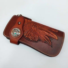 Coffee Leather Tooled Indian Chief Mens Biker Chain Wallet Handmade Leather Biker Wallet for Men