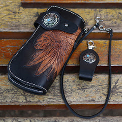 Brown Leather Tooled Indian Chief Mens Biker Chain Wallet Handmade Leather Biker Wallet for Men
