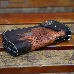 Coffee Leather Tooled Indian Chief Mens Biker Chain Wallet Handmade Leather Biker Wallet for Men